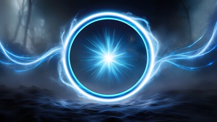 Poster - Blue magical fantasy portal. Round light frame, with fine dust particles, futuristic teleporter. Blue neon lights illuminate night scene with sparkles.