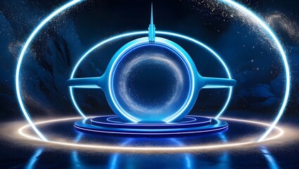 Poster - Blue magical fantasy portal. Round light frame, with fine dust particles, futuristic teleporter. Blue neon lights illuminate night scene with sparkles.