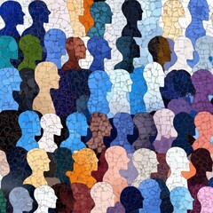 Poster - Colorful Mosaic of Diverse Silhouettes Representing Community, Identity, and Connection in a Vibrant Artwork