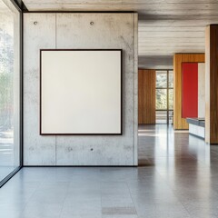 Poster - Modern Art Gallery Interior Features Blank Canvas on Concrete Wall With Large Windows Showcasing Greenery Outside