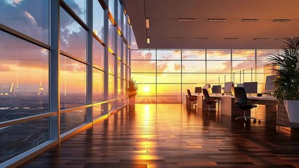 Poster - Modern office interior bathed in warm golden sunlight, expansive windows revealing urban skyline during sunset, generating peaceful and inspiring professional workspace ambiance