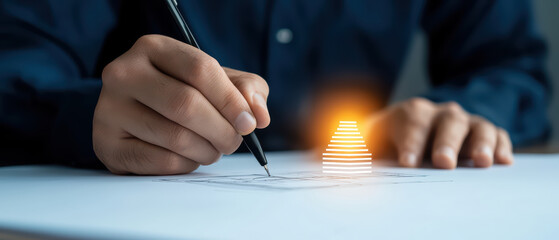 Poster - close up of hand sketching design paper, showcasing creativity and innovation. drawing features glowing pyramid shape, symbolizing architectural