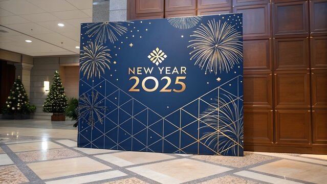 Celebrating 2025 New Year.Elegant card for event with abstract golden fireworks and golden numbers on blue background with geometric pattern.Template for poster,flyer,web.Vector illustration
