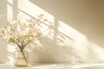 Wall Mural - Beautiful vase of delicate flowers illuminated by soft sunlight in a serene indoor setting