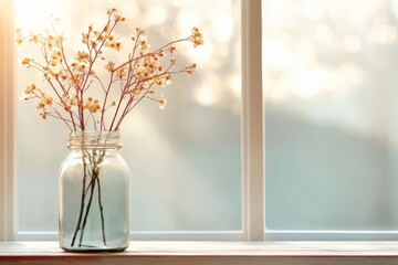 Wall Mural - Soft sunlight illuminates a vase with delicate flowers placed on a windowsill in a peaceful indoor setting