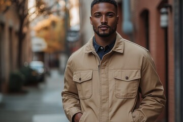 Wall Mural - Stylish urban fashion: confident man in casual jacket walking down city street.