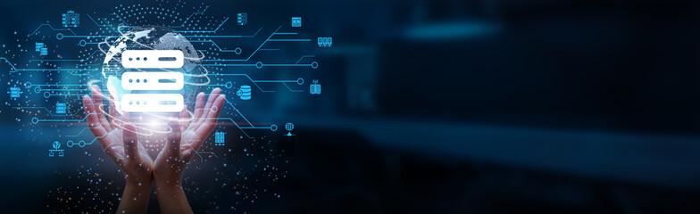 Poster - hands holding globe with network connecting data of hosting, cloud services, scalable solutions, sec
