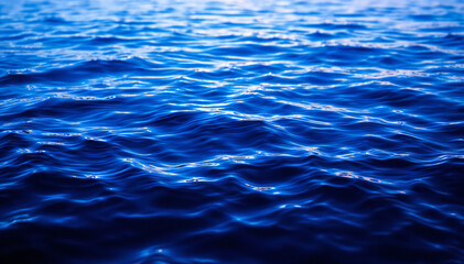 Wall Mural - Rippling blue water surface with varying shades of blue and reflections of light creates a shimmering effect at dawn .
