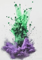 Poster - Colorful Explosion of Green and Purple Powder Creating Vibrant Patterns Against a White Background in a Dynamic Art Display