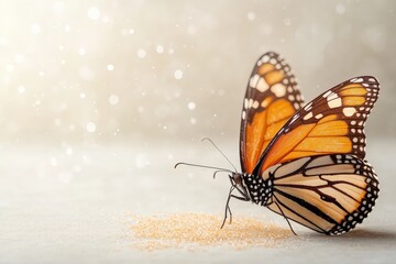 Wall Mural - Monarch butterfly perched delicately on sandy surface with soft light and bokeh background