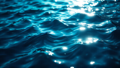 Wall Mural - Water surfaces with gentle waves, reflecting light, creating a shimmering effect. The color is a deep blue with highlights from sunlight .