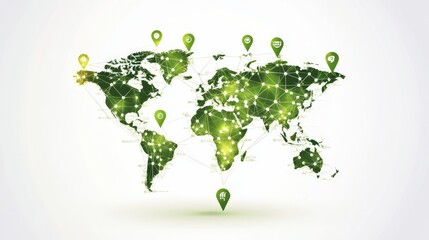Poster - Digital Map of the World With Green Highlights and Connection Points Representing Global Communication and Networking Trends
