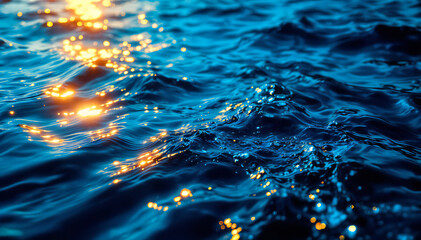 Wall Mural - Water surfaces with rippling waves reflecting golden sunlight, and deep blue tones dominate the scene, creating a tranquil and shimmering effect.