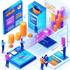 Aufkleber - Digital Data Analysis and Visualization in a Modern Office Environment Featuring Professionals Working on Various Projects