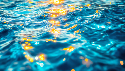 Wall Mural - Water surface with rippling waves , reflecting bright golden and blue light, creating a shimmering effect. The scene captures a vibrant and dynamic aquatic environment .