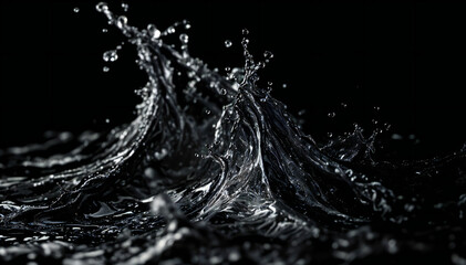 Wall Mural - Water splashes creating dynamic waves and droplets against a black background, showcasing intricate details and reflections in the liquid .