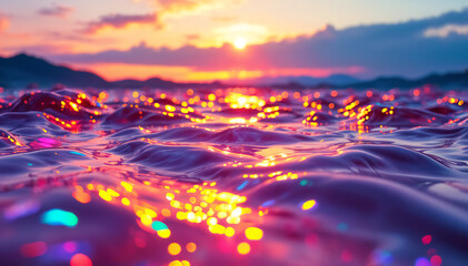 Wall Mural - A close-up view of ocean waves reflecting vibrant colors during sunset. The water surface is shimmering with hues of pink, creating a sparkling effect. The background features a horizon with soft clo