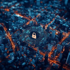 Aufkleber - Visual Representation of Digital Security Over a Cityscape at Night Highlighting Data Protection and Urban Connectivity