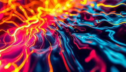 Wall Mural - Colorful abstract waves of light in vibrant shades of orange, pink, and blue, create a fluid and dynamic appearance with a glossy texture. The background is light , enhancing the brightness of the