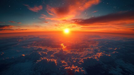 Wall Mural - Fiery sunset over a sea of clouds.