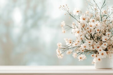 Wall Mural - White flower arrangement in a vase with a softly blurred background creating a serene atmosphere