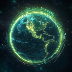 Poster - Visual Representation of Earth in Glowing Digital View With North and South America Highlighted at Night From Space