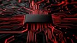 © Riko - Black microchip with red circuit lines on a dark background. Close-up macro shot of electronic hardware