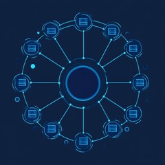 Fototapete - Visual Representation of a Network System Showcasing Interconnected Nodes and Data Flow Using Blue Digital Elements on a Dark Background