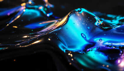 Wall Mural - A close-up view of a fluid surface with vibrant blue and turquoise hues, featuring reflections and bubbles. The background is dark, enhancing the luminous quality of the fluid.