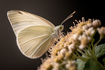 Wall Mural - Delicate white butterfly resting on vibrant flowers during a sunny afternoon in a lush garden