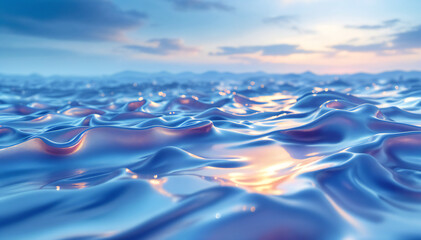 Wall Mural - Ocean waves with a smooth surface, capturing shades of blue and hints of orange from the sunset, with distant mountains visible on the horizon under a soft sky.
