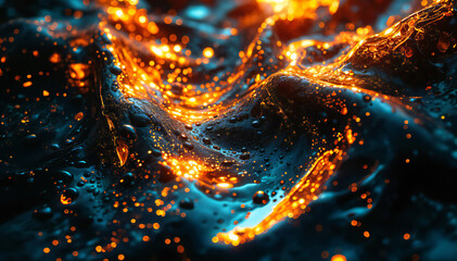 Wall Mural - A close-up view of a fluid surface with swirling patterns, featuring vibrant orange and blue colors. The surface is illuminated with bright, glowing particles resembling molten lava , creating a dyna