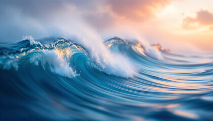 Wall Mural - Waves crashing with vibrant shades of blue and hints of white foam, under a soft, colorful sky at sunset. The scene captures the movement and texture of the water, with dynamic curves and reflection.