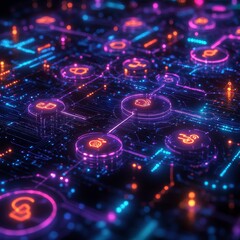 Aufkleber - Vibrant Neon Circuit Board With Interconnected Nodes Depicting Technology and Digital Communication at Night