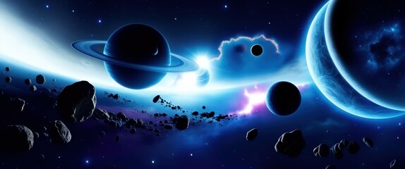 Space scene, cosmic landscape, ringed planet, multiple planets, asteroids, bright star, blue nebula, starry background, celestial bodies, sci-fi, digital art, vibrant colors, high contrast, detailed, 