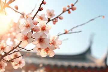 Wall Mural - Cherry blossoms bloom under clear blue sky near traditional architecture in springtime