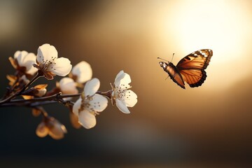 Wall Mural - Beautiful butterfly hovering near blooming white flowers at sunset in a serene natural setting