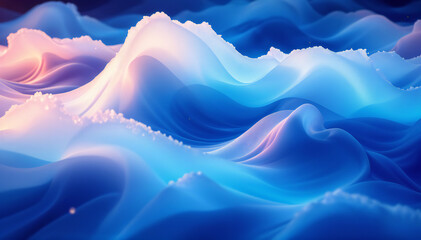 Wall Mural - Flowing waves in shades of blue and soft white , create a smooth appearance with a sense of depth and movement. The waves have a glossy texture and are illuminated with soft light, giving a serene .