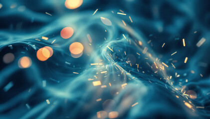 Wall Mural - Sparks and radiant dust against a blurred blue background.