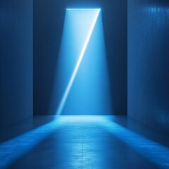 Poster - Light Streams Through an Opened Door Casting a Striking Blue Hue in a Minimalist Hallway at Dusk