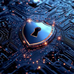 Poster - Digital Security Shield on a Circuit Board Illuminated With Bright Lights and Intricate Patterns in a Modern Tech Environment