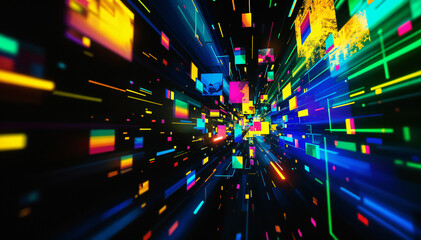 Wall Mural - A vibrant, abstract cityscape with a kaleidoscope of colorful lights and shapes, creates a dynamic and futuristic atmosphere.