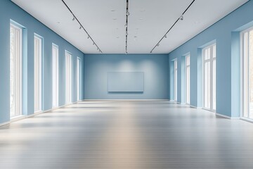Poster - Elegant, Spacious Art Gallery Featuring Sleek Blue Walls and Abundant Natural Light During Daylight Hours