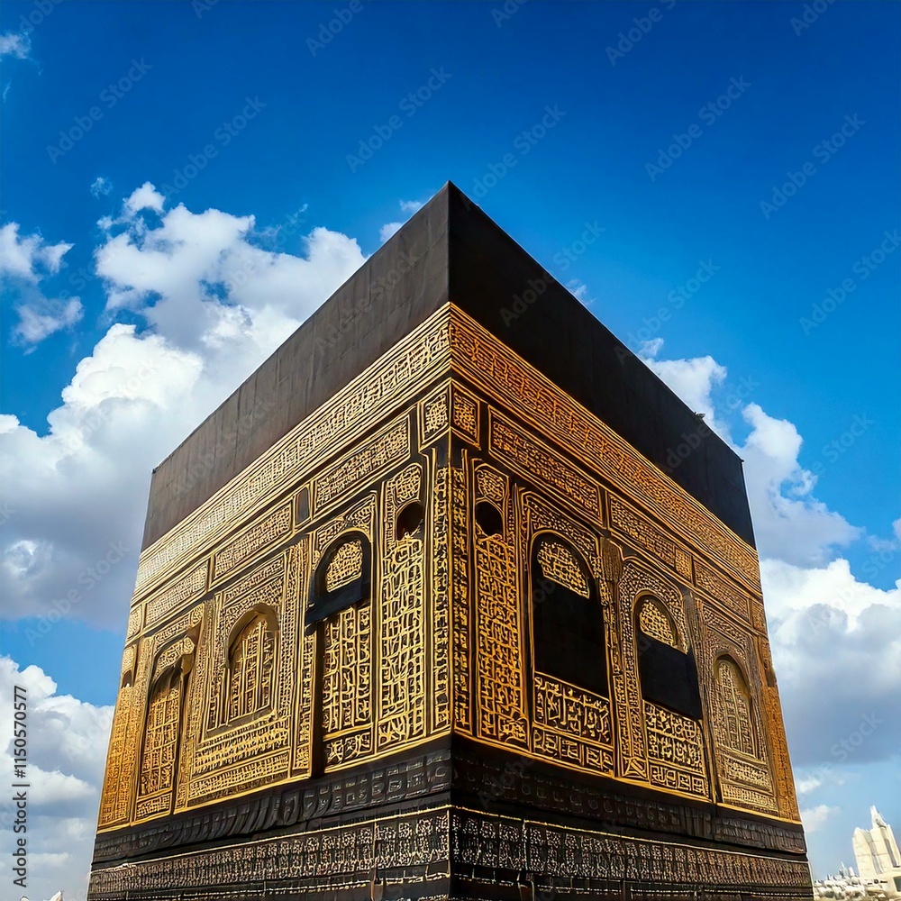 Iconic View Of The Kaaba In Mecca Under A Vibrant Blue Sky Highlighting 