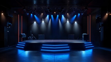 Poster - Lighting Setup on an Empty Stage in a Concert Venue Ready for a Performance With Vibrant Blue Lights Illuminating the Floor and Surrounding Areas