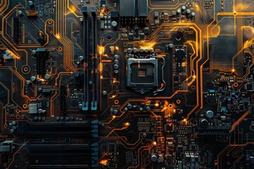Fototapete - Intricate close-up of a vintage circuit board showcasing complex pathways and electronic components, highlighting the beauty of technology and design