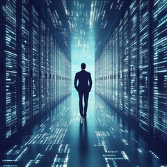 Aufkleber - Silhouette of a Business Professional Walking Through a Data Center Filled With Glowing Servers and Vibrant Digital Patterns in a Modern Technological Environment