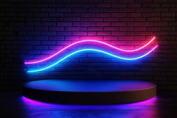 Poster - Colorful Neon Lights Illuminate a Sleek Dark Stage in an Urban Setting During Nighttime, Creating an Energetic Atmosphere for Performances or Presentations
