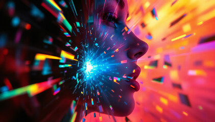 Wall Mural - A close-up abstract image of a colorful explosion or burst of light, with vibrant hues of blue, orange, and purple radiating outwards from the center, set against a dark background.