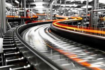 Leinwandbilder - Conveyor belt weaving through a busy manufacturing facility showcasing the flow of goods in an industrial setting